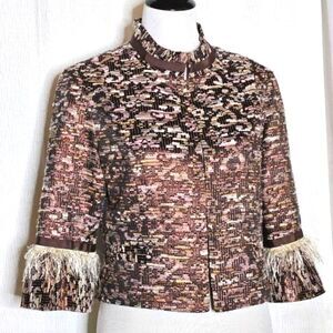 Aysha Leah Pink & Brown Tweed Pink Metallic & Feather Fringe Accents Jacket